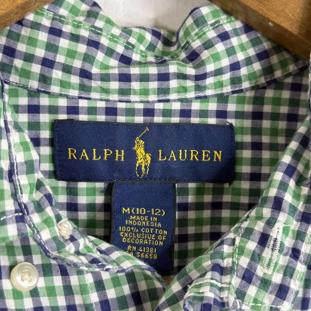 Ralph Lauren Shirt Boys Medium 10-12 Green Blue Gingham Button Down Long Sleeve
